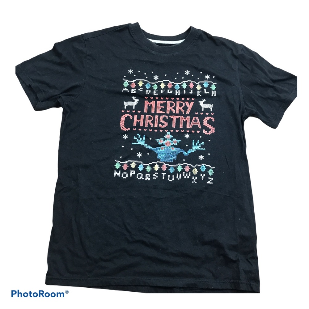 Merry Christmas Reindeer Graphic Top T-shirt S Black Party